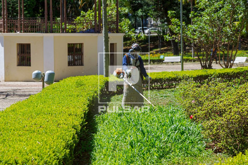 Trabalhador fazendo corte de grama no Parque Municipal