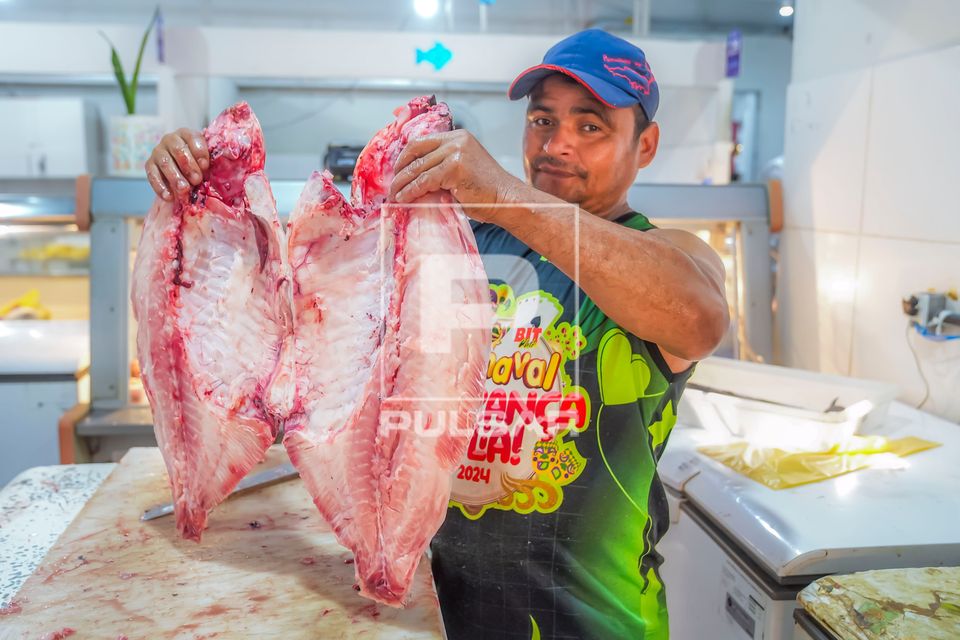 Peixeiro exibe um Tambaqui em peixaria do Mercado Municipal Elias Mansour - Novo Mercado Velho