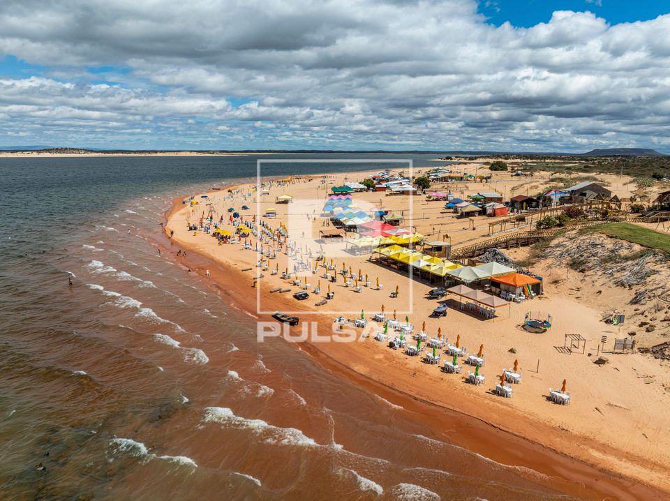 Vista de drone de bares nas Dunas do Velho Chico na margem da represa do Sobradinho