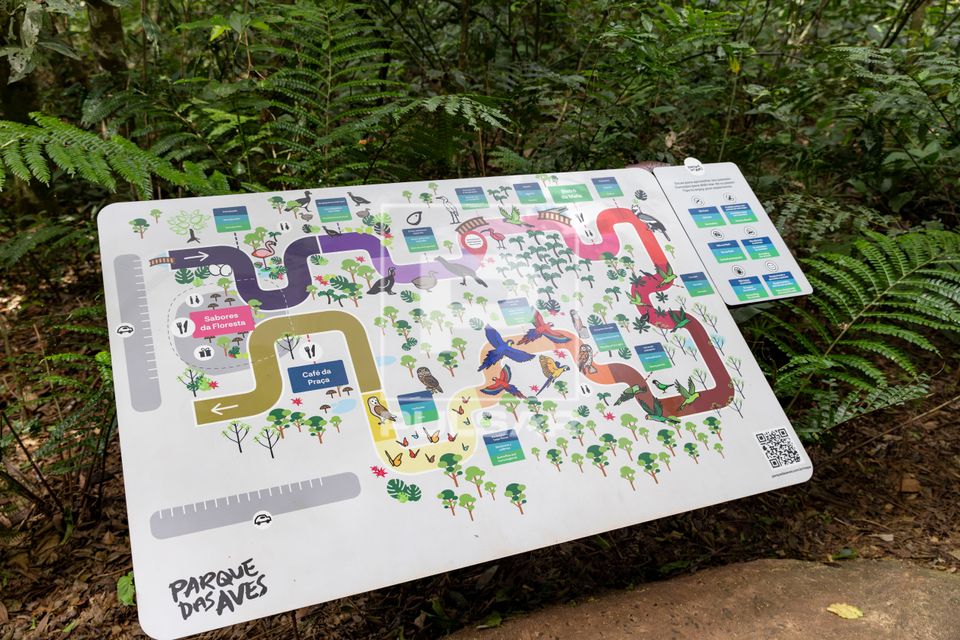 Painel com mapa da trilha do Parque das Aves