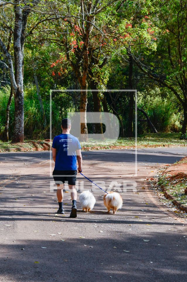 Pessoa passeando com seus pets no Parque do Complexo Hidrotermal e Hoteleiro do Barreiro