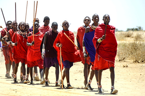 Grupo Maasai se preparando para apresentação da dança do pulo conhecida como Adumu - competição masculina