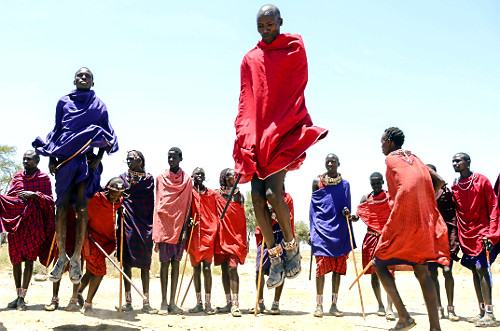 Grupo Maasai em apresentação da dança do pulo conhecida como Adumu - competição masculina de quem pula ma