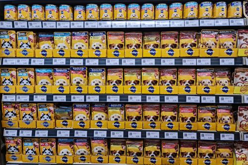 Saches de alimentos para cães adultos e filhotes à venda em petshop