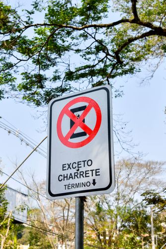 Placa de trânsito indicando proibido estacionar - exceto charrete no centro da cidade